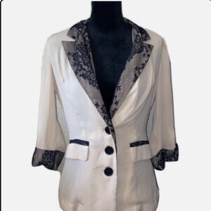 Elegant Cream Blazer with Black Lace Trim
